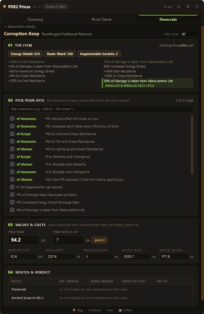 Desecrate tab as a numbered pipeline: the item and its rerolled mod, the list of reroll outcomes to tick, live consumable costs, and a per-route EV table.