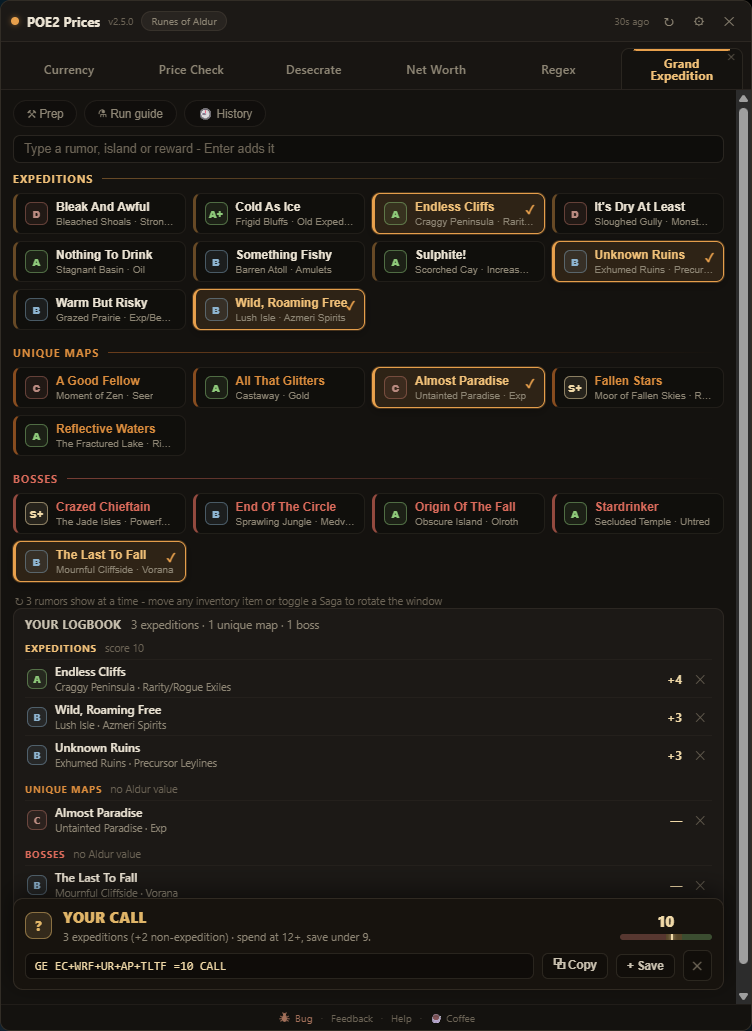 Grand Expedition tab: rumor cards grouped into Expeditions, Unique maps and Bosses with tier badges, a logbook summary with per-island scores, and the verdict bar reading YOUR CALL at score 10 with a zone meter and the map-note tag.