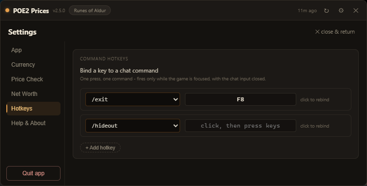 Hotkeys settings: /exit bound to F8 and a /hideout row waiting for a key, each with a rebindable key field and an Add hotkey button.