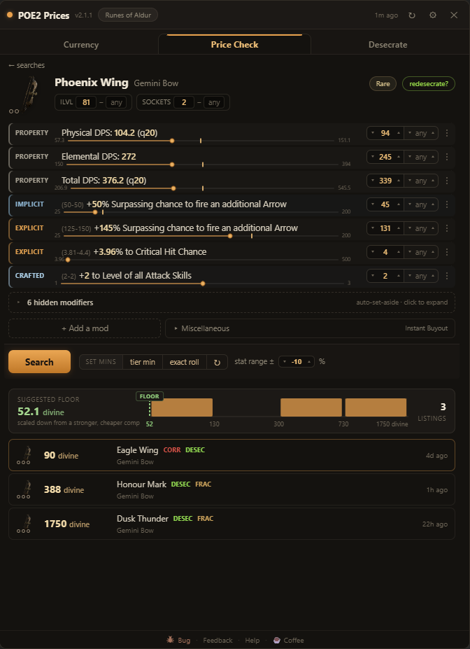 Price Check tab: a rare Gemini Bow priced by total DPS, with item-level and socket filters, mod sliders, and a suggested floor of 52 divine anchored on a cheaper, higher-DPS listing.