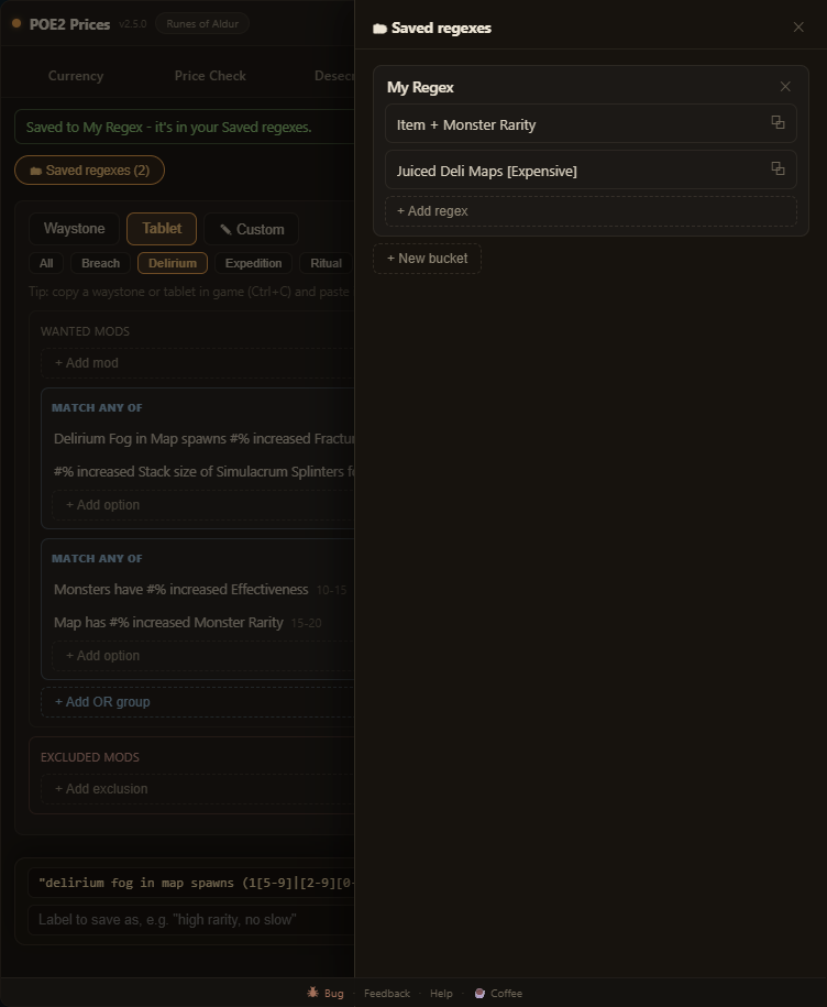 The Saved regexes drawer over the Regex tab: a My Regex bucket holding two labeled entries, Item + Monster Rarity and Juiced Deli Maps, each with a one-click copy button.