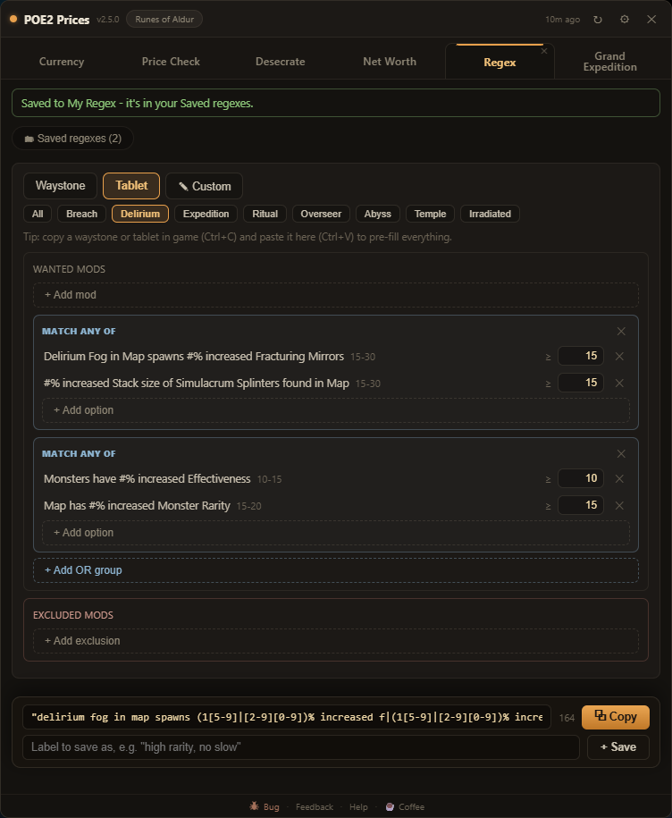 Regex tab: a Delirium tablet search being built from two Match-ANY-of groups with roll ranges and thresholds, the generated pattern forming live in the bottom bar with a character count and Copy button.